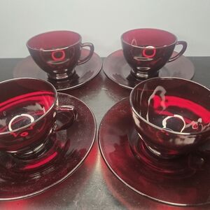 Vintage MCM Anchor Hocking Royal Ruby Red glass tea cups(4) saucers(4)